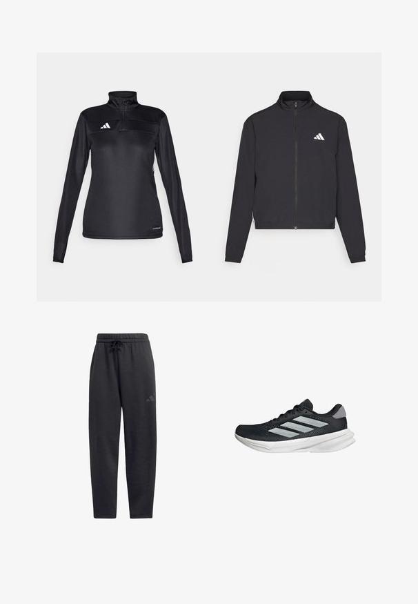 adidas Performance TRAIN ESSENTIALS 3 STRIPES WARM UP - Trainingsvest - black/white; Zwarte sportieve pullover met een halflange ritskraag, lange mouwen, wit logo op de borst en een textiel waarvan de stof ademend is.; Korte mouwen sport t-shirt, donkergrijs met geperforeerde textuur. Bevat een wit logo en contrasterende zijstrepen. Ronde halslijn.; Zwarte sweatpants van zacht materiaal, met een elastische tailleband en een trekkoord, rechte pijpen en een subtiel logo op de bovenbeen.; Zwarte hardloopschoen met een mesh bovenzijde, drie zilveren strepen, witte middenzool en een gestructureerde loopzool. Heeft een gevoerde kraag en een vetersluiting.