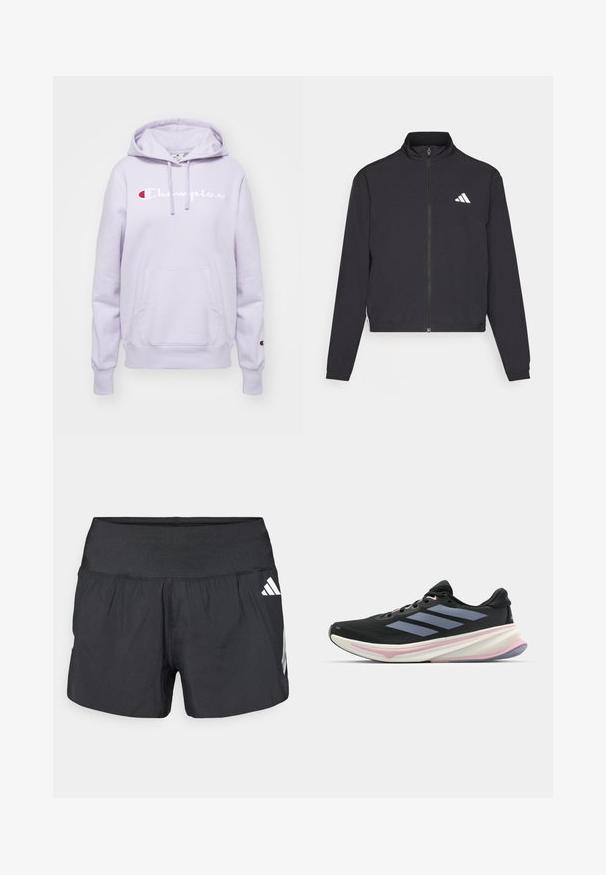 adidas Performance TRAIN ESSENTIALS 3 STRIPES WARM UP - Chaqueta de entrenamiento - black/white; Sudadera con capucha de color púrpura claro, con un bolsillo frontal, logotipo bordado de "Champion" en blanco y rojo, puños y dobladillo acanalados.; Pantalones cortos deportivos negros con una amplia cintura elástica, tela ligera y detalles de logo blancos en el lateral inferior.; Zapatilla de correr negra con parte superior de malla, acentos en púrpura claro y tres franjas grises horizontales. Cuenta con una suela acolchada para mayor comodidad.