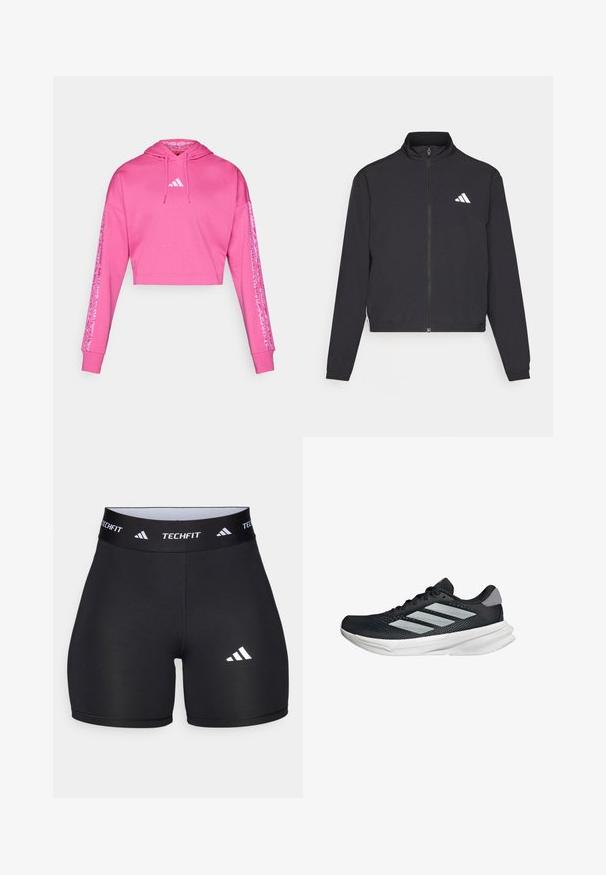adidas Performance ESSENTIALS 3 STRIPES czarny; Różowy krótki hoodie wykonany z miękkiego materiału, z przodu z kangurzą kieszenią, kapturem na sznurku oraz charakterystycznymi wzorzystymi akcentami na rękawach.; Czarne szorty wykonane z elastycznej tkaniny o dopasowanym kroju. Posiadają szeroki czarny pas z napisem "TECHFIT" oraz biały logo na nodze.; Czarny but biegowy z siateczkowym wierzchem, trzema srebrnymi paskami, białą podeszwą środkową i teksturowaną podeszwą zewnętrzną. Posiada wyściełany kołnierz i zapięcie na sznurówki.