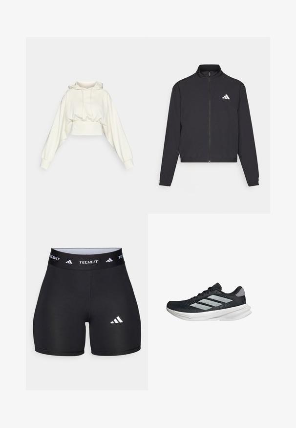 adidas Performance ESSENTIALS 3 STRIPES czarny; Skorotowana bluza z miękkiej białej tkaniny, z długimi, obszernymi rękawami i kapturem ze sznurkiem. Posiada dopasowany, marszczony pasek w talii.; Czarne szorty wykonane z elastycznej tkaniny o dopasowanym kroju. Posiadają szeroki czarny pas z napisem "TECHFIT" oraz biały logo na nodze.; Czarny but biegowy z siateczkowym wierzchem, trzema srebrnymi paskami, białą podeszwą środkową i teksturowaną podeszwą zewnętrzną. Posiada wyściełany kołnierz i zapięcie na sznurówki.