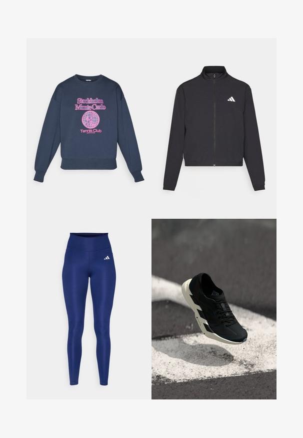 adidas Performance TRAIN ESSENTIALS 3 STRIPES WARM UP - Treniņjaka - black/white; Liela izmēra tumši zila džemperis ar apaļu apkakli, uz kura ir rozā grafisks teksts "Stokholma Montekarlo" un globusa dizains ar "Tenisa klubs" apakšā.; Tumsas zilas leginses, kas izgatavotas no stiepjama materiāla ar augstu jostasvietu. Priekšējā kreisā augšstilba daļā ir balts Adidas logo.; Melnas sporta kurpes ar baltu zigzag zoli, kas karājas virs asfaltētas virsmas ar baltām ceļa marķējumiem un izkaisītām dubļiem.