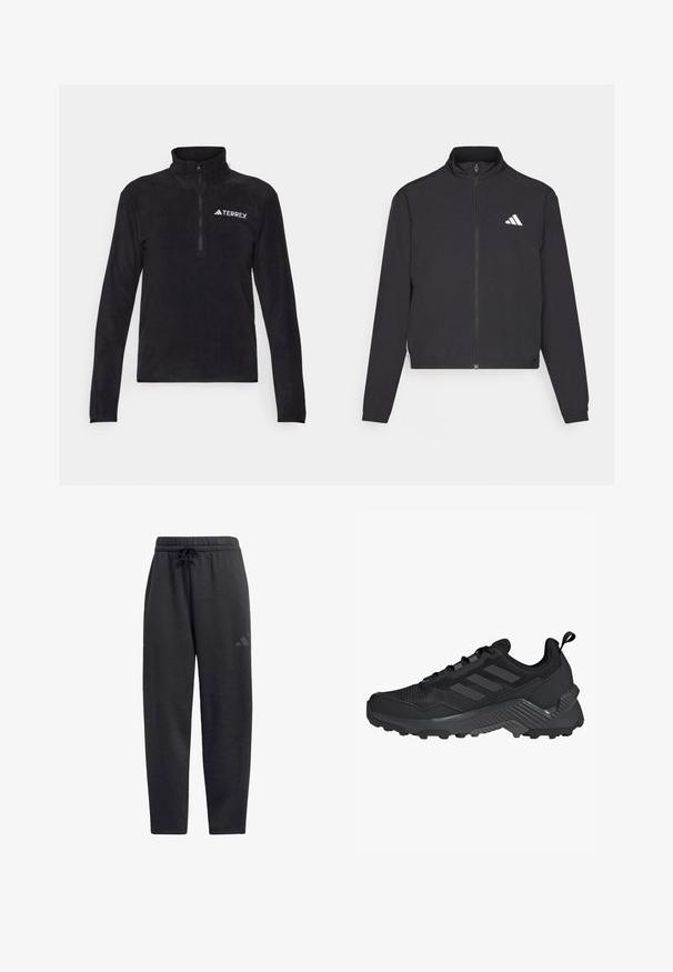 adidas Performance TRAIN ESSENTIALS 3 STRIPES WARM UP - Giacca sportiva - black/white; Felpa nera in pile con maniche lunghe, collo a zip quarti e logo bianco "TERREX" sul lato sinistro del petto. Tessuto morbido, vestibilità casual.; Pantaloni felpati neri realizzati in morbido tessuto, dotati di un elastico in vita con cordino, gambe dritte e un logo discreto sulla coscia.; Scarpa da atletica nera con tomaia in mesh, design a tre strisce, tallone sagomato e suola robusta con tasselli di trazione prominenti.