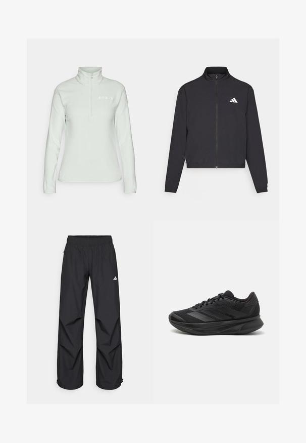 adidas Performance TRAIN ESSENTIALS 3 STRIPES WARM UP - Træningsjakke - black/white; adidas Terrex Fleecetrøjer - linen green; Sorte, letvægts, vandtætte bukser med elastisk talje, sidelommer og justerbare manchetter. Har et hvidt logo på venstre lår.; Sort løbesko med en åndbar mesh-overdel, afrundet tå, strømlinet design, teksturerede detaljer og en polstret sål for komfort.