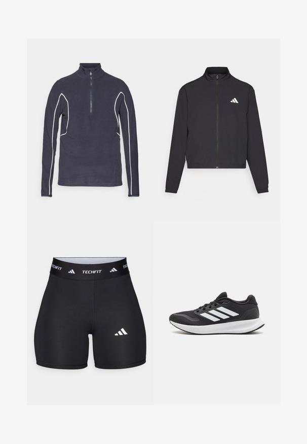 adidas Performance TRAIN ESSENTIALS 3 STRIPES WARM UP - Jakna za treniranje - black/white; Tamno plavi zip-up flis pulover s visokim ovratnikom, sa bijelim kontrastnim prošivenim detaljima i metalnim patentnim zatvaračem. Glatka tekstura.; Crne kratke hlače izrađene od rastezljive tkanine s prilagođenim dizajnom. Imaju široki crni pojas sa oznakom "TECHFIT" i bijeli logo na nozi.; Crna atletska cipela s mrežastim gornjištem, okruglim nosom i tri bijele trake sa strane. Lagana potplat s teksturiranim gumenim potplatom za prianjanje.