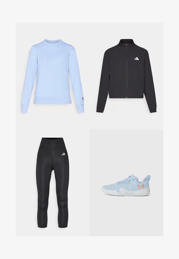 adidas Performance TRAIN ESSENTIALS 3 STRIPES WARM UP - Training jacket - black/white; Light blue sweatshirt made of soft fabric, featuring long sleeves and a crew neckline. Includes a small logo on the chest and sleeve cuff.; Black high-waisted leggings featuring a smooth, stretchy material and a small white Adidas logo on the left hip.; Light blue athletic shoe made of mesh material with a textured sole, featuring an orange logo and lace-up design.