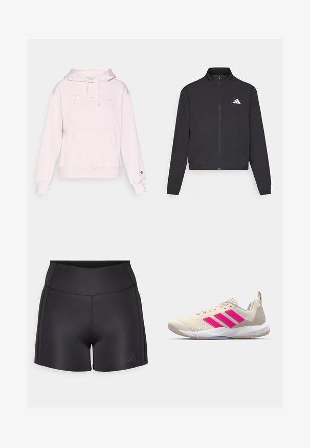 adidas Performance TRAIN ESSENTIALS 3 STRIPES WARM UP - Training jacket - black/white; Pink hooded sweatshirt made of soft fabric with a kangaroo pocket. Features embroidered "Champion" logo and ribbed cuffs for a snug fit.; Black athletic shorts made of stretchy material, featuring a high waistband, flat seams, and a subtle Adidas logo in the lower corner.; Beige athletic shoe with pink three-stripe logo, textured mesh upper, padded collar, and white rubber sole, featuring "LIGHTSTRIKE" branding.