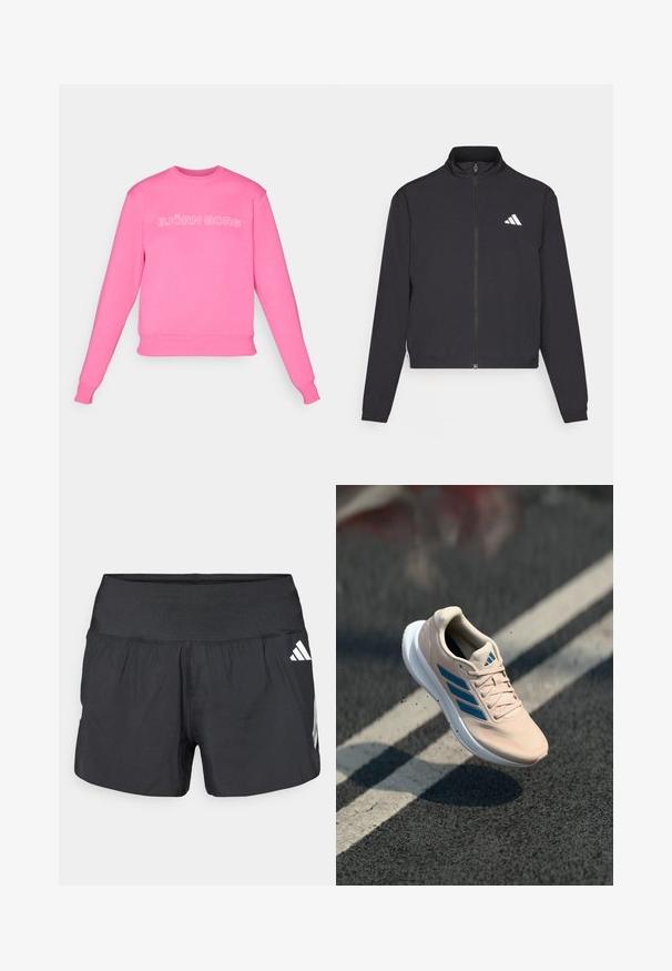 adidas Performance TRAIN ESSENTIALS 3 STRIPES WARM UP - Tréningová bunda - black/white; Ružová mikina s dlhými rukávmi, s rebrovanými manžetami a lemem, s bielym textom "BJÖRN BORG" na hrudi. Mäkko tkaná látka s hladkým povrchom.; Čierne atletické šortky s širokým elastickým pásom, ľahkým materiálom a bielymi logami na dolnej strane.; Svetloružová športová obuv s modrými akcentmi, zvršok z priedušnej sieťoviny, šnurovanie a biela podrážka. Obsahuje logo s tromi pruhmi po stranách.
