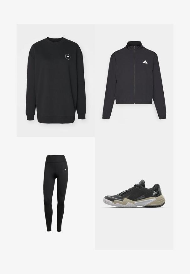 adidas Performance TRAIN ESSENTIALS 3 STRIPES WARM UP - Jakna za treniranje - black/white; Crna dukserica od mekane tkanine, s okruglim izrezom i dugim rukavima. Ima bijeli logotip na prednjoj strani.; Crne sportske tajice s visokim strukom. Izrađene od rastezljivog materijala s bijelim logom na gornjoj lijevoj strani.; Crne i bež atletske tenisice s teksturiranim gornjim dijelom, istaknutim dizajnom potplata, reflektirajućim detaljima i sustavom vezivanja. Lagana konstrukcija.