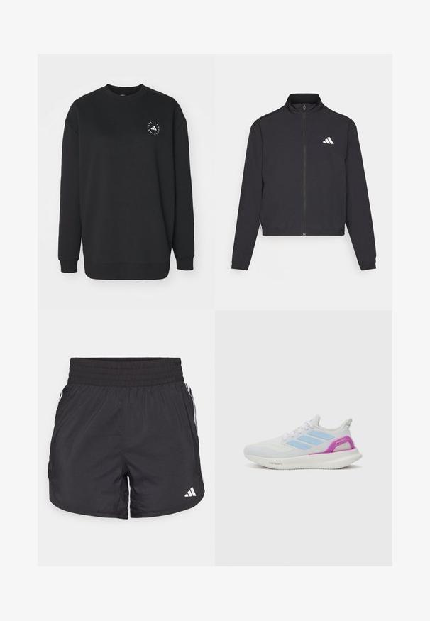 adidas Performance TRAIN ESSENTIALS 3 STRIPES WARM UP - Training jacket - black/white; Black sweatshirt made of soft fabric, featuring a round neckline and long sleeves. It has a white logo design on the front.; Black athletic shorts with an elastic waistband, side pockets, and white stripe accents on the sides. Made of lightweight material.; adidas Performance PUREBOOST 5 - Road running shoes - white/glow blue/purple burst