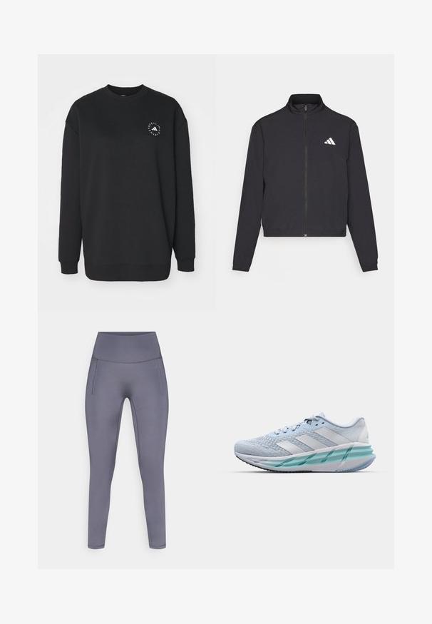 adidas Performance TRAIN ESSENTIALS 3 STRIPES WARM UP - Tréning dzseki - black/white; Fekete pulóver puha anyagból, kerek nyakkivágással és hosszú ujjakkal. Az elején fehér logó design található.; Magasderekú, sima, rugalmas leggings puha szürke anyagból, lapos varrással és látható szerelvények nélkül, oldalzsebbel.; Világoskék sportcipők texturált kötött felsőrésszel, fehér díszítéssel és áttetsző zöld középtalppal. Lekerekített orr és párnázott boka rész.