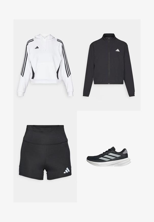 adidas Performance TRAIN ESSENTIALS 3 STRIPES WARM UP - Sportovní bunda - black/white; Bílá zkrácená mikina s kapucí, přední kapsou, černými bočními akcenty a třemi vertikálními černými pruhy na každém rukávu. Kapuce s nastavitelnou šňůrkou.; adidas Performance Punčochy - black; Černé běžecké boty s vrchní částí z prodyšné síťoviny, třemi stříbrnými pruhy, bílou mezipodešví a texturovanou podešví. Obsahují polstrovaný límec a šněrování.