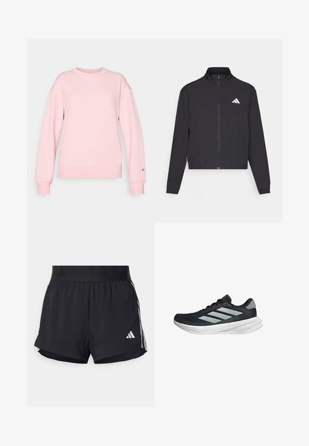 adidas Performance TRAIN ESSENTIALS 3 STRIPES WARM UP - Training jacket - black/white; Pink ribbed sweatshirt with long sleeves, round neckline, and logo emblem on chest and cuff. Soft texture, fitted at the waist.; Black athletic shorts with an elastic waistband, featuring a textured band, side stripes, and a white Adidas logo on the lower hem.; Black running shoe with mesh upper, three silver stripes, white midsole, and textured outsole. Features padded collar and lace closure.