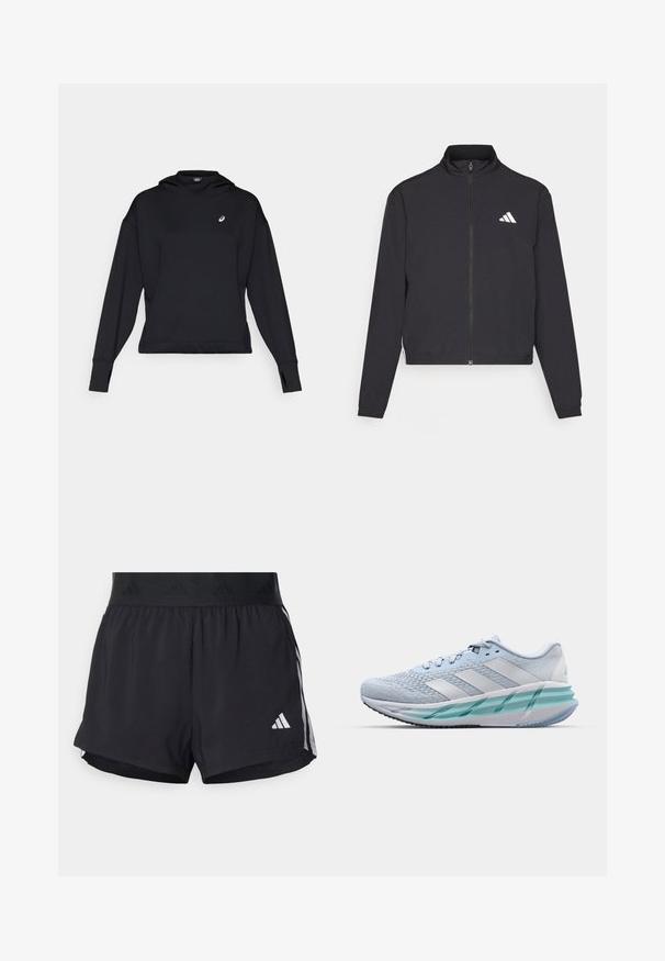 adidas Performance TRAIN ESSENTIALS 3 STRIPES WARM UP - Bluză de trening - black/white; Hanorac negru cu glugă, mâneci lungi și găuri pentru degete. Prezintă un logo mic pe piept și un design curat, minimalist.; Shorts de atletism negri cu un brâu elastic, având o bandă texturată, dungi laterale și un logo alb Adidas pe tivul de jos.; Încălțăminte sport de culoare albastră deschisă, cu un material superior texturat din tricot, accente albe și o talpă intermediară verde transparentă. Vârf rotunjit și guler căptușit.