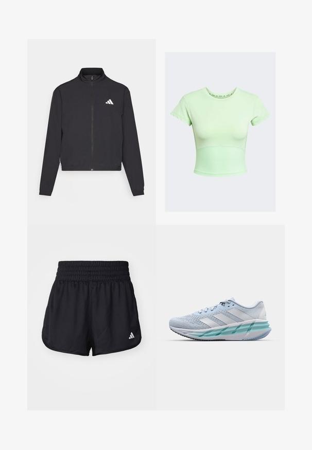 adidas Performance TRAIN ESSENTIALS 3 STRIPES WARM UP - Chaqueta de entrenamiento - black/white; Top corto ajustado en verde claro, con mangas cortas, textura acanalada en la cintura y escote redondo. Presenta un sutil logo de la marca.; Shorts atléticos negros con una cinturilla elástica y gatherada, y un acento de logo blanco en la parte inferior derecha. Material suave y ligero.; Zapatillas deportivas azul claro con un upper de punto texturizado, acentos blancos y una suela intermedia verde transparente. Punta redondeada y cuello acolchado.