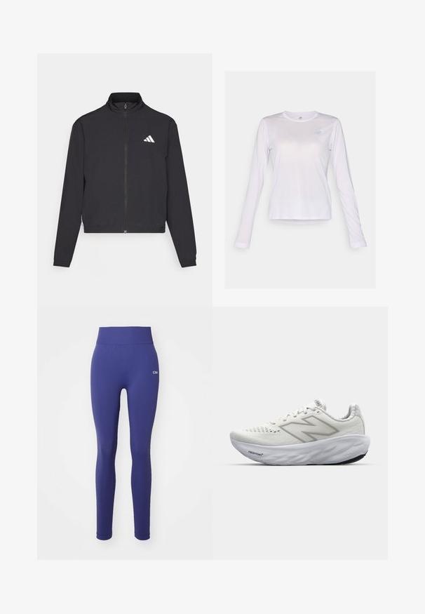 adidas Performance TRAIN ESSENTIALS 3 STRIPES WARM UP - Casaco de treino - black/white; New Balance ATHLETICS LONG SLEEVE - Camisola de manga comprida - taro heather; Leggings azul-marinho feitos de material elástico, com uma cintura larga, textura suave e detalhe do logótipo discreto no quadril.; Ténis atléticos brancos com parte superior em malha, apresentando um colarinho acolchoado, sola texturizada e a marcação "Fresh Foam" na entressola.