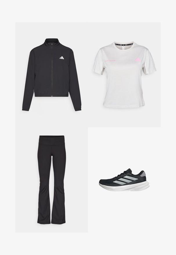 adidas Performance TRAIN ESSENTIALS 3 STRIPES WARM UP - Trainingsvest - black/white; Lichtgrijze T-shirt met korte mouwen, met een ronde hals, "ADIDAS RUNNING" in het roze gedrukt, met het roze Adidas-logo op de borst. Zachte stofstructuur.; Champion PERFORMANCE FLARE LEGGINS - Tights - black; Zwarte hardloopschoen met een mesh bovenzijde, drie zilveren strepen, witte middenzool en een gestructureerde loopzool. Heeft een gevoerde kraag en een vetersluiting.