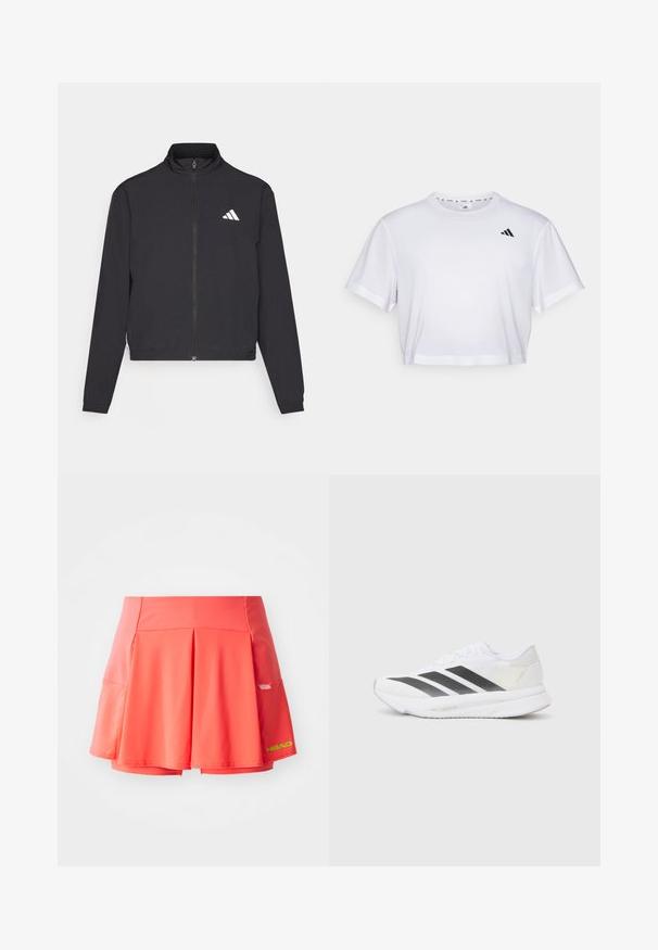 adidas Performance TRAIN ESSENTIALS 3 STRIPES WARM UP - Verryttelytakki - black/white; Valkoinen lyhythihainen t-paita, joka on valmistettu pehmeästä kankaasta. Pyöreä pääntie. Musta logo vasemmassa rinnassa.; Pleated tennis skirt i klar orange med en glat tekstur. Har indbyggede shorts og en lille sidelomme. Logo i neon grøn.; Valkoinen urheilukenkä, jossa on mustat viistot raidat, verkkosukka, pyöreä kärki ja teksturoitu pohja. Koristeina ovat hopeinen kantapää ja minimalistinen muotoilu.