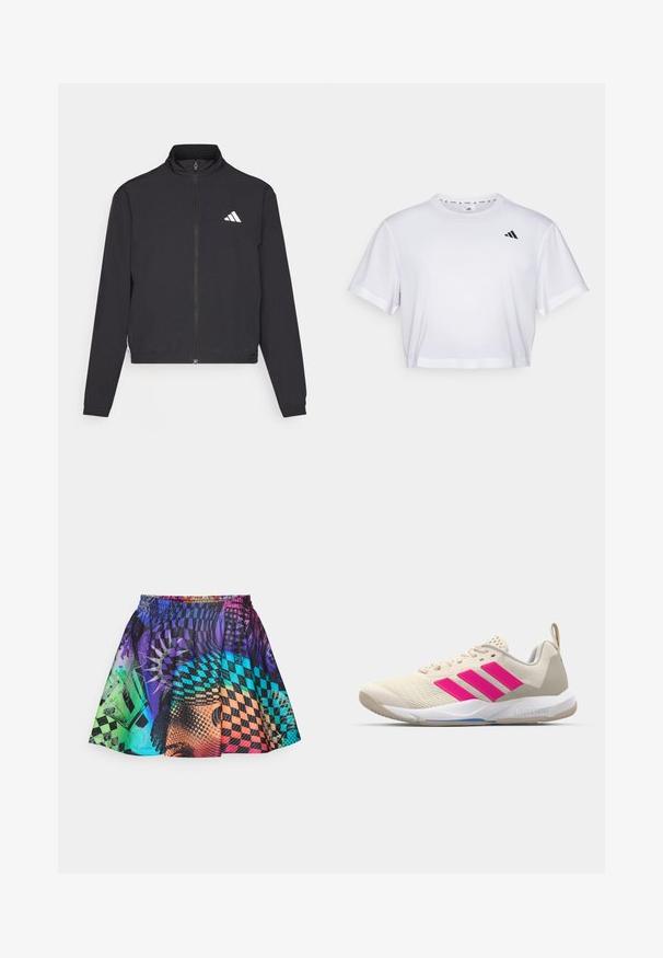 adidas Performance TRAIN ESSENTIALS 3 STRIPES WARM UP - Trainingsvest - black/white; Witte cropped t-shirt gemaakt van zachte stof, met korte mouwen en een ronde hals. Zwart logo op de linkerborst.; Kleurvolle rok met een mix van patronen in paars, blauw, groen en oranje. Elastische tailleband en geplooid ontwerp versterken de beweging.; Beige sportshoe met een roze drie-strepen logo, een textuur-mesh bovenkant, een gevoerde kraag en een witte rubberen zool, met "LIGHTSTRIKE" branding.