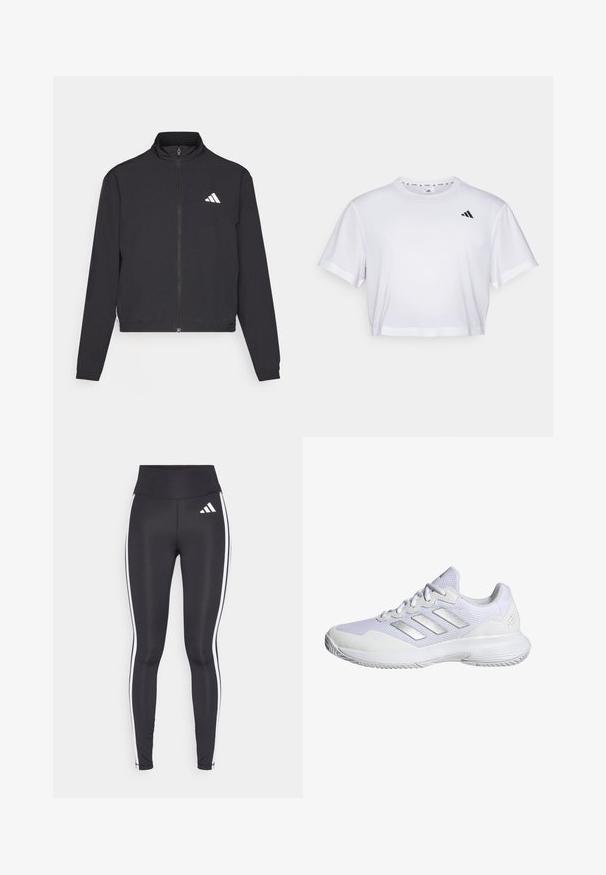 adidas Performance TRAIN ESSENTIALS 3 STRIPES WARM UP - Sportovní bunda - black/white; Bílý zkrácený tričko vyrobené z měkké látky, s krátkými rukávy a kulatým výstřihem. Černé logo na levé hrudi.; Černé legíny s vysokým pasem, které mají bílé boční pruhy a malé bílé logo na horní levé stehně. Vyrobeny z hladkého, elastického materiálu.; Bílé sportovní tenisky s vrchní částí ze síťoviny, texturovanými panely a stříbrnými akcenty. Disponují polstrovanou podrážkou a kulatou špičkou.