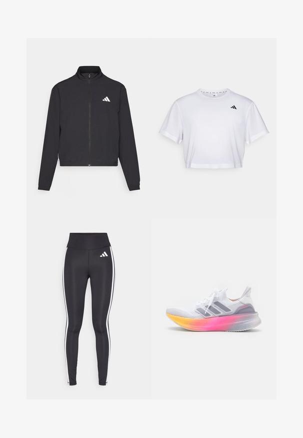 adidas Performance TRAIN ESSENTIALS 3 STRIPES WARM UP - Casaco de treino - black/white; T-shirt branca corta feita de tecido suave, com mangas curtas e decote redondo. Logotipo preto no lado esquerdo do peito.; Leggings pretos com cintura alta, apresentando listras laterais brancas e um pequeno logotipo branco na parte superior da coxa esquerda. Feitas de material liso e elástico.; Sapatilha atlética branca com um cabedal de malha respirável, três riscas cinzentas e uma sola em gradiente de rosa a amarelo. Apresenta uma sola almofadada.