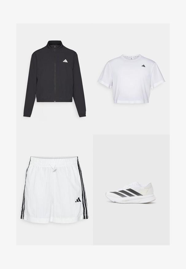 adidas Performance TRAIN ESSENTIALS 3 STRIPES WARM UP - Trainingsjacke - black/white; Weißes, kurzes T-Shirt aus weichem Stoff, mit kurzen Ärmeln und rundem Ausschnitt. Schwarzes Logo auf der linken Brust.; Weiße Sportshorts mit elastischem Bund, Kordelzug, seitlichen schwarzen Streifen und schwarzem Markenlogo auf der unteren linken Seite.; Weißer Sportschuh mit schwarzen diagonalen Streifen, Mesh-Obermaterial, abgerundetem Zehenbereich und strukturiertem Profil. Akzente sind ein silberner Heel und ein minimalistisches Design.
