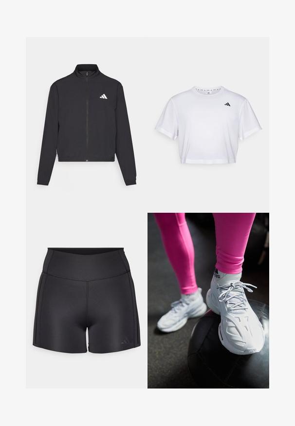 adidas Performance TRAIN ESSENTIALS 3 STRIPES WARM UP - Training jacket - black/white; White cropped t-shirt made from soft fabric, featuring short sleeves and a round neckline. Black logo on the left chest.; Black athletic shorts made of stretchy material, featuring a high waistband, flat seams, and a subtle Adidas logo in the lower corner.; White athletic shoes with mesh and synthetic overlays, featuring laces, curved design, resting on a black medicine ball, against a dark background.