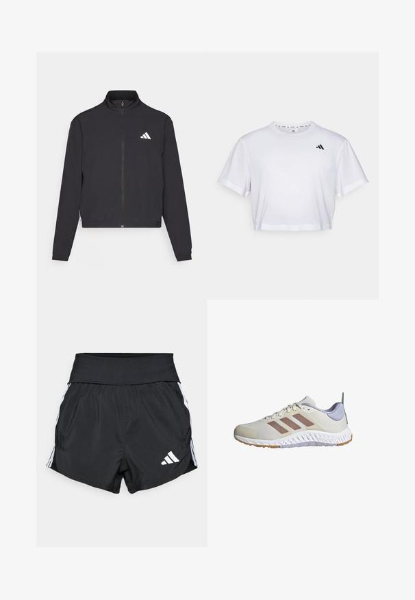 adidas Performance TRAIN ESSENTIALS 3 STRIPES WARM UP - Treningsjakke - black/white; Hvit kortermet t-skjorte laget av mykt stoff, med korte ermer og rund hals. Svart logo på venstre bryst.; Sorte treningsshorts laget av lett materiale, med bred midjebånd, hvite sidestreker og en liten hvit logo på den nederste kanten.; adidas Performance EVERYSET VERSATILE - Treningssko - chalk white warm clay violet tone