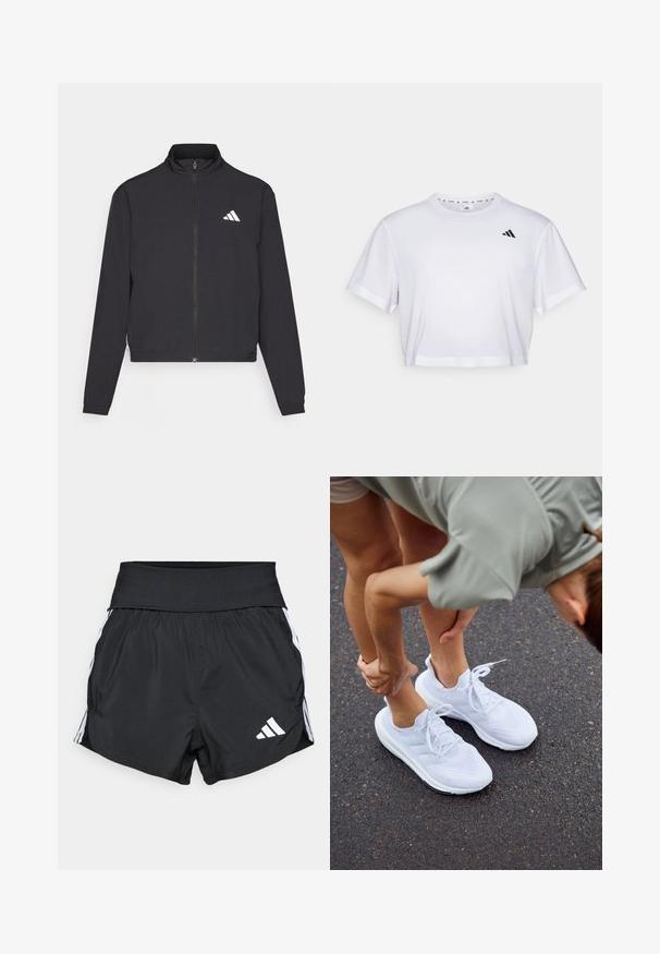 adidas Performance TRAIN ESSENTIALS 3 STRIPES WARM UP - Chaqueta de entrenamiento - black/white; Camiseta blanca recortada hecha de una tela suave, con mangas cortas y un escote redondo. Logo negro en el lado izquierdo del pecho.; Shorts atléticos negros fabricados con material ligero, con una cinturilla ancha, rayas blancas en los laterales y un pequeño logotipo blanco en el dobladillo inferior.; Zapatillas deportivas blancas con paneles de malla y suelas texturizadas, con cordones y un diseño acolchado, colocadas sobre una superficie de asfalto.