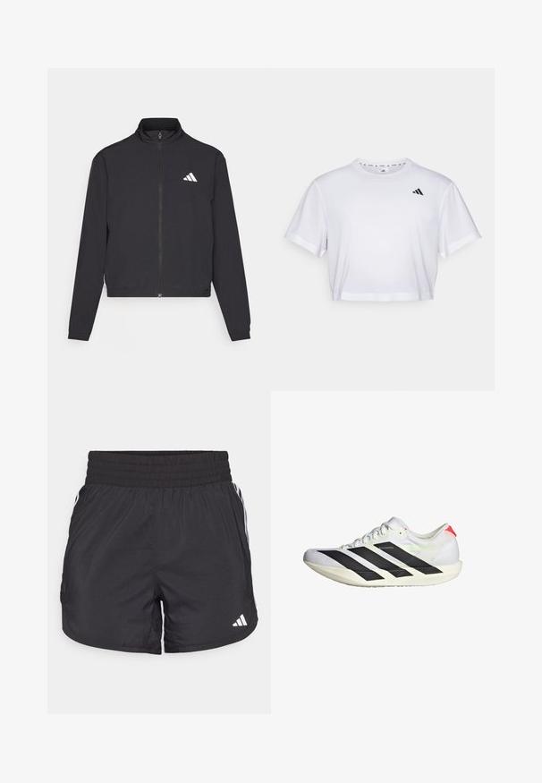 adidas Performance TRAIN ESSENTIALS 3 STRIPES WARM UP - Spordijakk - black/white; Valge lühikeste varrukatega krobitud t-särk, mis on valmistatud pehmest kangast ja millel on ümmargune kaelus. Vasakul rinnal must logo.; Mustad mustriga mustad sportlikud lühikesed püksid elastse värviga, küljetaskud ja valged triibud külgedel. Valmistatud kerge materjali sisu.; Valge jooksujalats mustade triipudega, tekstureeritud võrgust pealisosa, lame tallata ja peegeldavad aktsendid. Omab voolujoonelist disaini ja nööridega sulgemist.