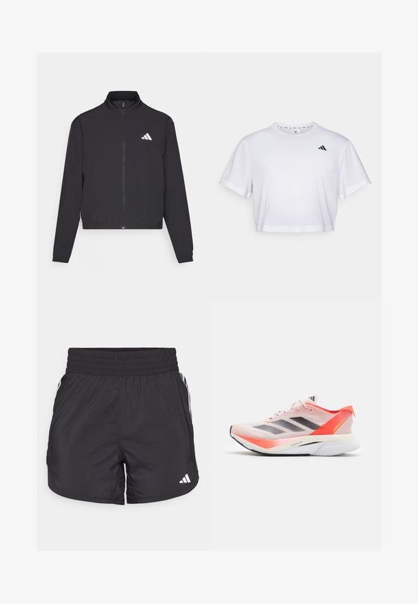 adidas Performance TRAIN ESSENTIALS 3 STRIPES WARM UP - Training jacket - black/white; White cropped t-shirt made from soft fabric, featuring short sleeves and a round neckline. Black logo on the left chest.; Black athletic shorts with an elastic waistband, side pockets, and white stripe accents on the sides. Made of lightweight material.; adidas Performance ADIZERO BOSTON 12 - Road running shoes - sandy pink aurora met solar red