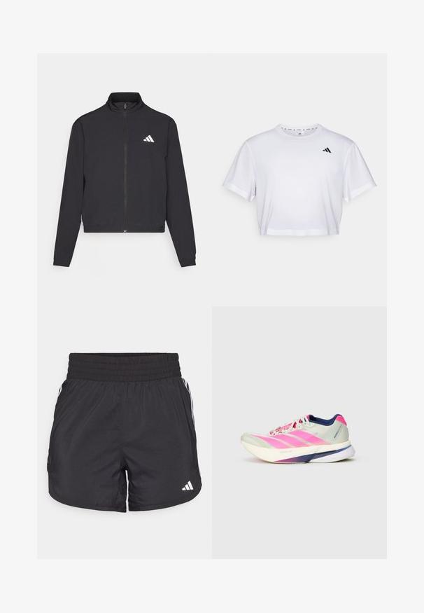 adidas Performance TRAIN ESSENTIALS 3 STRIPES WARM UP - Jakna za treniranje - black/white; Bijela skraćena majica od mekog materijala, s kratkim rukavima i okruglim izrezom. Crni logo na lijevoj strani prsnog koša.; Crne atletske kratke hlače s elastičnom trakom u struku, bočnim džepovima i bijelim prugama sa strane. Izrađene su od laganog materijala.; Tenisice za trčanje s laganim mrežastim gornjim dijelom u svijetlozelenoj boji s ružičastim prugama, ljubičastim akcentima i debelim bijelim potplatom označenim "LIGHTSTRIKE PRO."