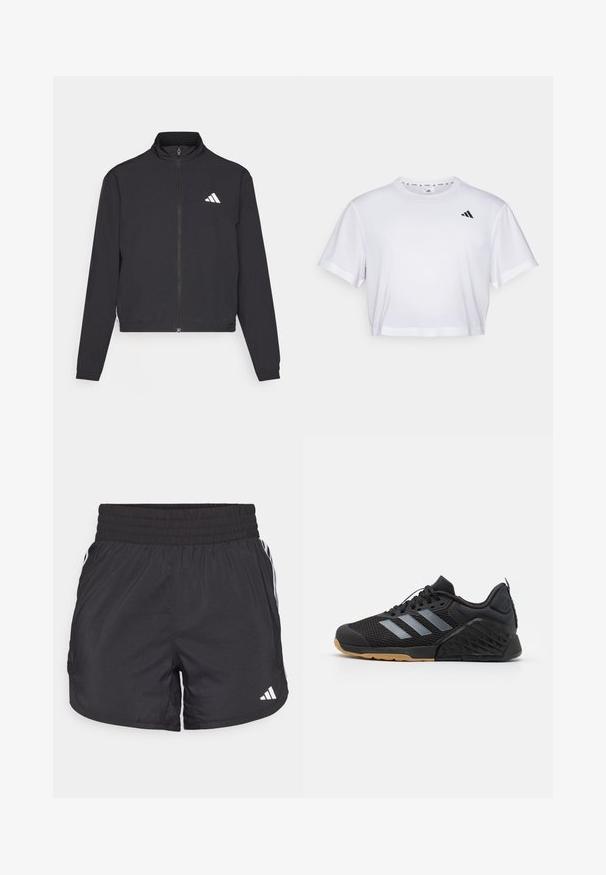 adidas Performance TRAIN ESSENTIALS 3 STRIPES WARM UP - Training jacket - black/white; White cropped t-shirt made from soft fabric, featuring short sleeves and a round neckline. Black logo on the left chest.; Black athletic shorts with an elastic waistband, side pockets, and white stripe accents on the sides. Made of lightweight material.; Black athletic shoe with mesh upper, grey three-stripe design, rubber sole, and textured accents on the heel and side.