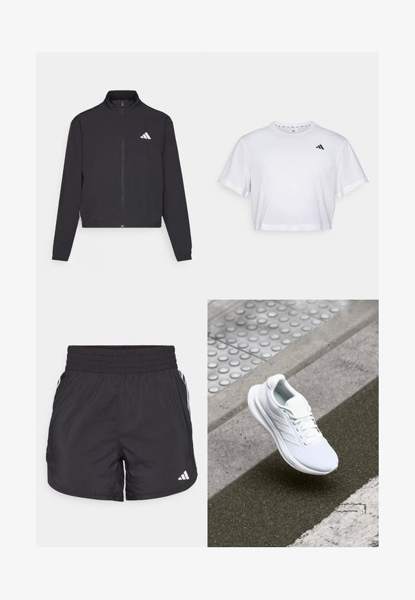 adidas Performance TRAIN ESSENTIALS 3 STRIPES WARM UP - Veste de survêtement - black/white; T-shirt blanc court en tissu doux, avec des manches courtes et un col rond. Logo noir sur la poitrine gauche.; Shorts de sport noirs avec une taille élastique, des poches latérales et des accents de rayures blanches sur les côtés. Fabriqués en matériau léger.; Baskets blanches de sport avec une tige en maille, un design à lacets et une semelle texturée. Marquage subtil et détails de construction sans coutures visibles.