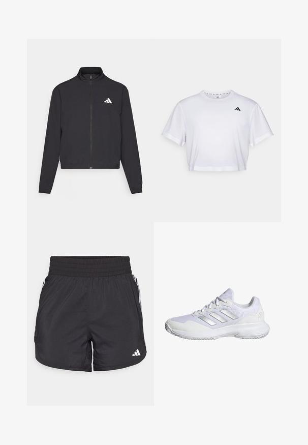adidas Performance TRAIN ESSENTIALS 3 STRIPES WARM UP - Casaco de treino - black/white; T-shirt branca corta feita de tecido suave, com mangas curtas e decote redondo. Logotipo preto no lado esquerdo do peito.; Calções de desporto pretos com um cós elástico, bolsos laterais e detalhes em lista branca nas laterais. Feitos de material leve.; Sapatilha atlética branca com parte superior em malha, painéis texturizados e acabamentos em prata. Apresenta uma sola acolchoada e um design de bico redondo.