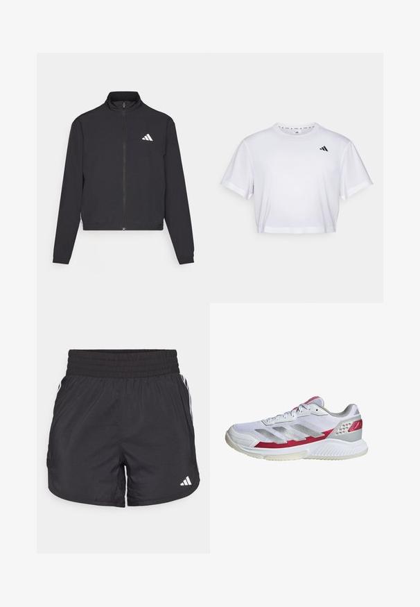 adidas Performance TRAIN ESSENTIALS 3 STRIPES WARM UP - Training jacket - black/white; White cropped t-shirt made from soft fabric, featuring short sleeves and a round neckline. Black logo on the left chest.; Black athletic shorts with an elastic waistband, side pockets, and white stripe accents on the sides. Made of lightweight material.; White athletic shoe with a mesh upper, silver stripes, pink accents, and a textured sole. Features padded collar and perforated detailing.
