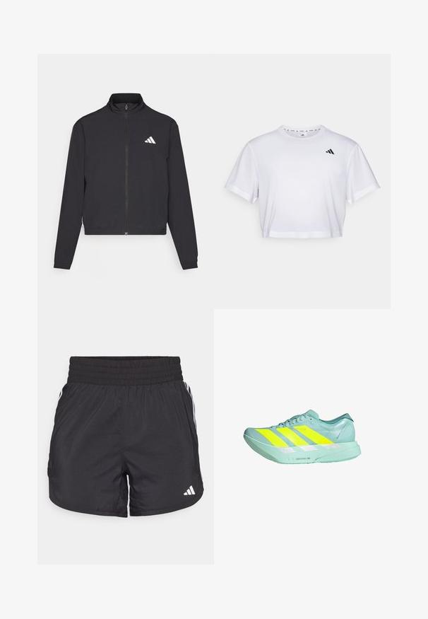 adidas Performance TRAIN ESSENTIALS 3 STRIPES WARM UP - Trainingsvest - black/white; Witte cropped t-shirt gemaakt van zachte stof, met korte mouwen en een ronde hals. Zwart logo op de linkerborst.; Zwarte sportieve shorts met een elastische tailleband, zijzakken en witte streepaccenten aan de zijkanten. Gemaakt van lichtgewicht materiaal.; Lichte hardloopschoen in mintgroen met drie gedurfde gele strepen. Kenmerkt zich door een zachte textuur, reflecterende accenten en een gevoerde zool.
