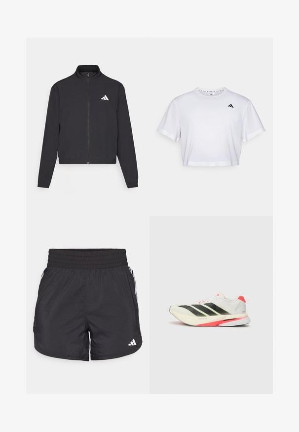 adidas Performance TRAIN ESSENTIALS 3 STRIPES WARM UP - Training jacket - black/white; White cropped t-shirt made from soft fabric, featuring short sleeves and a round neckline. Black logo on the left chest.; Black athletic shorts with an elastic waistband, side pockets, and white stripe accents on the sides. Made of lightweight material.; White running shoe with black stripes, neon green accents, and red heel. Features a textured mesh upper and lightweight sole for comfort.
