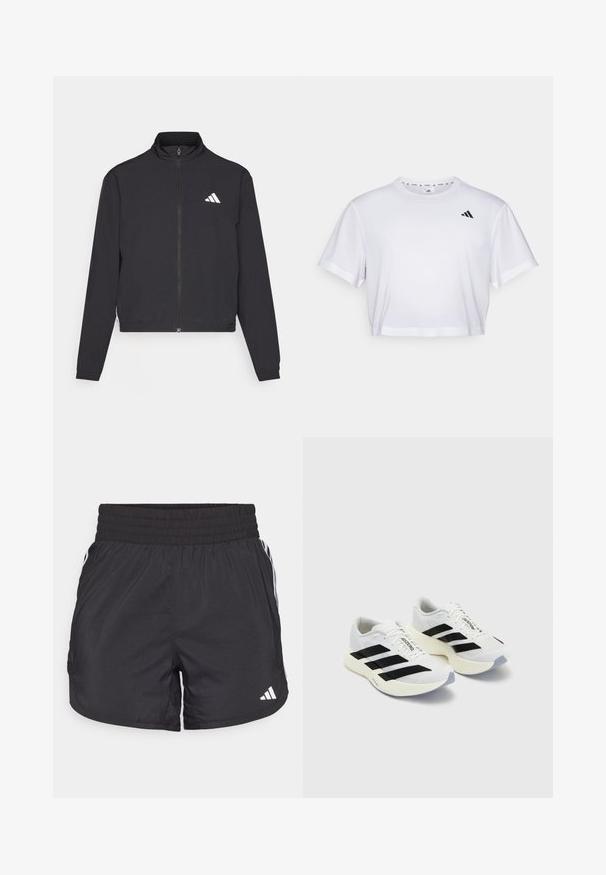 adidas Performance TRAIN ESSENTIALS 3 STRIPES WARM UP - Treningsjakke - black/white; Hvit kortermet t-skjorte laget av mykt stoff, med korte ermer og rund hals. Svart logo på venstre bryst.; Svarte treningsshorts med elastisk midje, sidelommer og hvite stripeaksenter på sidene. Laget av lett materiale.; Hvite sportsko med svarte striper og merkevare, med mesh-overdel, rund tå og tykk kremfarget såle for demping.