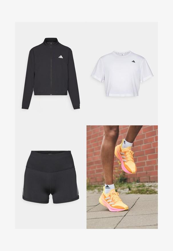 adidas Performance TRAIN ESSENTIALS 3 STRIPES WARM UP - Spordijakk - black/white; Valge lühikeste varrukatega krobitud t-särk, mis on valmistatud pehmest kangast ja millel on ümmargune kaelus. Vasakul rinnal must logo.; Mustad spordipüksid kõrgseeliku ja veniva kangaga. Omavad valgeid küljeribasid ja lamedaid õmblusi mugavuse tagamiseks.; Erksinad kollased jooksujalad roosa aktsentide ja valgete triipudega, millel on võrgusilma ülemine osa, kerge disain ja tekstureeritud talla.