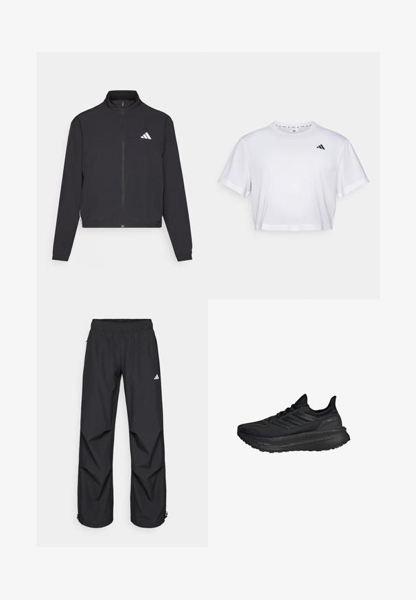 adidas Performance TRAIN ESSENTIALS 3 STRIPES WARM UP - Trainingsjacke - black/white; Weißes, kurzes T-Shirt aus weichem Stoff, mit kurzen Ärmeln und rundem Ausschnitt. Schwarzes Logo auf der linken Brust.; Schwarze, leichte, wasserdichte Hosen mit elastischem Bund, seitlichen Taschen und verstellbaren Bündchen. Mit einem weißen Logo am linken Oberschenkel.; Schwarze Sportschuhe mit einem strukturierten Mesh-Obermaterial, reflektierenden Streifen in drei Farben und einer dicken, gepolsterten schwarzen Sohle, die mit "LIGHT BOOST" beschriftet ist.