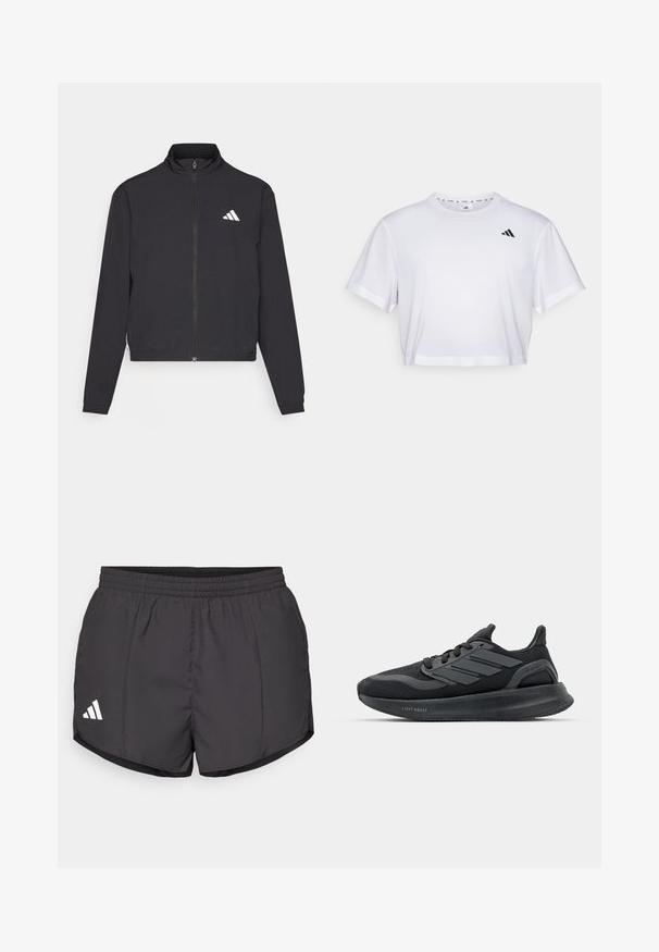 adidas Performance TRAIN ESSENTIALS 3 STRIPES WARM UP - Športna jakna/jopica - black/white; Bela skrajšana majica iz mehkega blaga, z kratkimi rokavi in okroglim izrezom. Črn logotip na levem prsou.; Črne atletske kratke hlače iz lahkega materiala, z elastičnim pasom in belim logotipom Adidas na spodnji levi strani.; Črne športne čevlje z mrežasto zgornjico, teksturiranimi paneli, detajlom treh črt in ukrivljenim podplatom, označene z "LIGHT BOOST."
