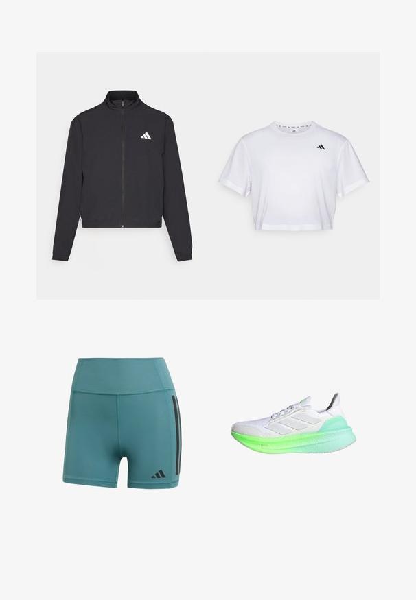 adidas Performance TRAIN ESSENTIALS 3 STRIPES WARM UP - Training jacket - black/white; White cropped t-shirt made from soft fabric, featuring short sleeves and a round neckline. Black logo on the left chest.; Teal athletic shorts made of stretchy fabric, featuring a high waistband, black side stripes, and brand logo near the hem.; White athletic shoe with a textured mesh upper, green gradient midsole, and three white stripes on the side. Features a rounded toe and cushioned sole.