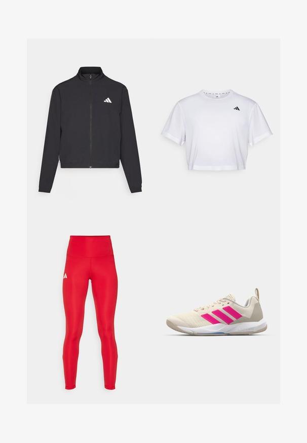 adidas Performance TRAIN ESSENTIALS 3 STRIPES WARM UP - Training jacket - black/white; White cropped t-shirt made from soft fabric, featuring short sleeves and a round neckline. Black logo on the left chest.; adidas Performance Running tights - team power red; Beige athletic shoe with pink three-stripe logo, textured mesh upper, padded collar, and white rubber sole, featuring "LIGHTSTRIKE" branding.