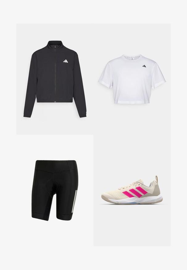adidas Performance TRAIN ESSENTIALS 3 STRIPES WARM UP - Veste de survêtement - black/white; T-shirt blanc court en tissu doux, avec des manches courtes et un col rond. Logo noir sur la poitrine gauche.; Shorts de cyclisme noirs en tissu extensible. Dotés d'une assise rembourrée, de coutures à plat et de rayures verticales blanches sur le côté gauche.; Baskets de sport beiges avec un logo à trois bandes roses, tige en maille texturée, col rembourré et semelle en caoutchouc blanc, arborant le marquage "LIGHTSTRIKE".