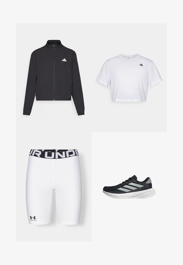 adidas Performance TRAIN ESSENTIALS 3 STRIPES WARM UP - Trainingsvest - black/white; Witte cropped t-shirt gemaakt van zachte stof, met korte mouwen en een ronde hals. Zwart logo op de linkerborst.; Under Armour AUTHENTICS SHORT - Tights - white/black; Zwarte hardloopschoen met een mesh bovenzijde, drie zilveren strepen, witte middenzool en een gestructureerde loopzool. Heeft een gevoerde kraag en een vetersluiting.