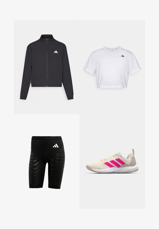 adidas Performance TRAIN ESSENTIALS 3 STRIPES WARM UP - Veste de survêtement - black/white; T-shirt blanc court en tissu doux, avec des manches courtes et un col rond. Logo noir sur la poitrine gauche.; Shorts de sport noirs avec un design texturé comprenant des rayures ondulées. Logo blanc sur la ceinture, fabriqués en matériau évacuant l'humidité.; Baskets de sport beiges avec un logo à trois bandes roses, tige en maille texturée, col rembourré et semelle en caoutchouc blanc, arborant le marquage "LIGHTSTRIKE".