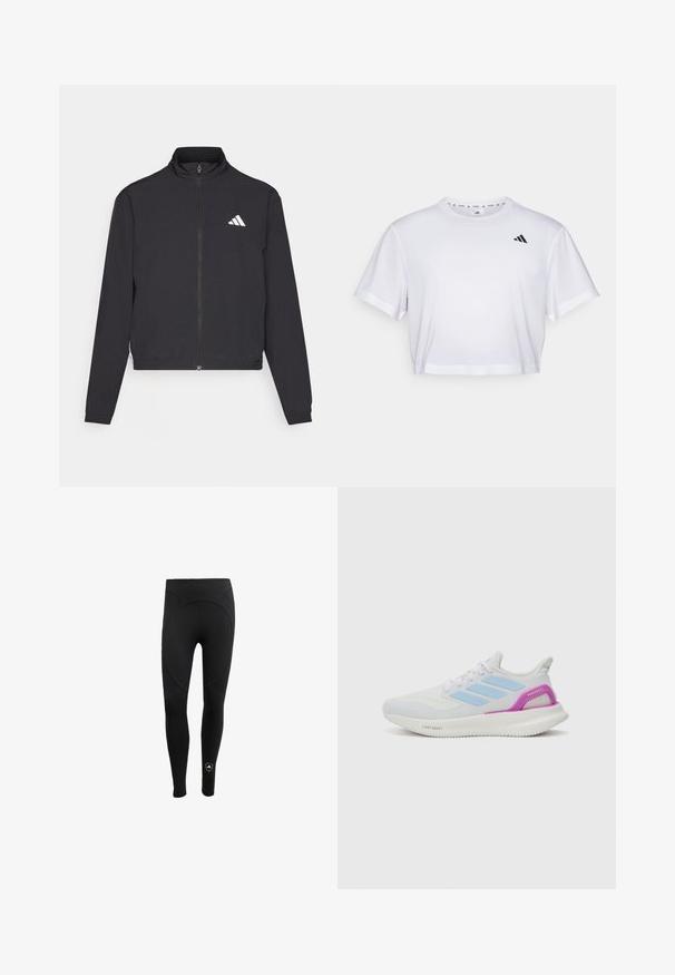 adidas Performance TRAIN ESSENTIALS 3 STRIPES WARM UP - Tréning dzseki - black/white; Fehér, rövid szabású póló, puha anyagból készült, rövid ujjakkal és kerek nyakkivágással. Fekete logó a bal mellen.; Női fekete leggings, rugalmas anyagból készült, magas derékkal és varrás nélküli dizájnnal, kör alakú hátsó résszel és logó részlettel.; adidas Performance PUREBOOST 5 - Utcai futócipők - white/glow blue/purple burst