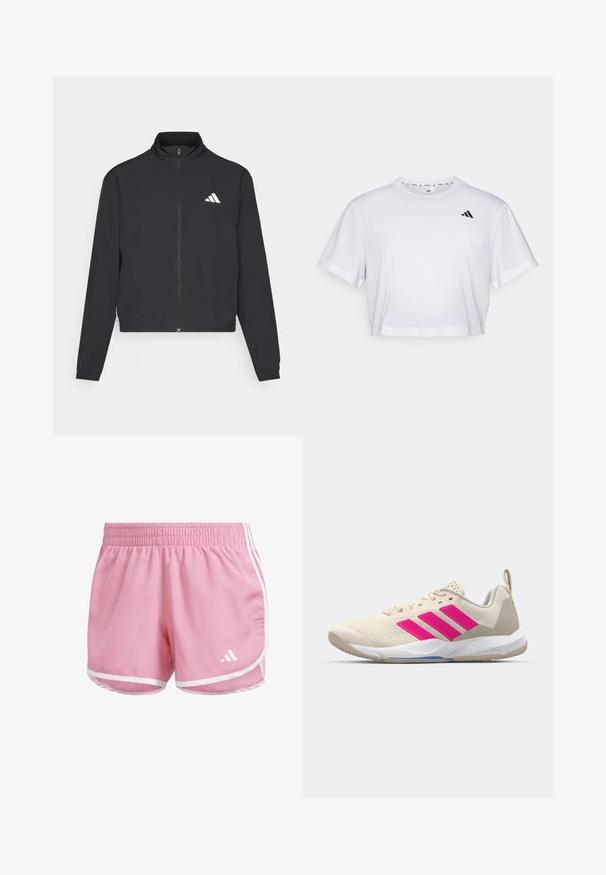 adidas Performance TRAIN ESSENTIALS 3 STRIPES WARM UP - Training jacket - black/white; White cropped t-shirt made from soft fabric, featuring short sleeves and a round neckline. Black logo on the left chest.; adidas Performance M20 - Sports shorts - pink fusion; Beige athletic shoe with pink three-stripe logo, textured mesh upper, padded collar, and white rubber sole, featuring "LIGHTSTRIKE" branding.