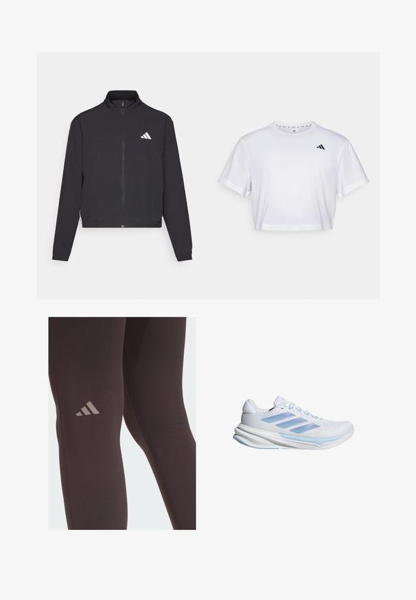 adidas Performance TRAIN ESSENTIALS 3 STRIPES WARM UP - Training jacket - black/white; White cropped t-shirt made from soft fabric, featuring short sleeves and a round neckline. Black logo on the left chest.; Black athletic leggings with a smooth texture, featuring a subtle brown Adidas logo on the thigh and reinforced stitching details.; White running shoes with light blue accents, breathable mesh upper, three-stripe design, cushioned sole, and textured traction outsole.