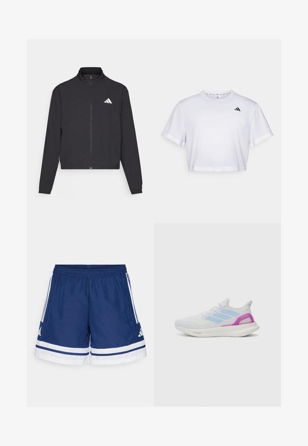 adidas Performance TRAIN ESSENTIALS 3 STRIPES WARM UP - Bluză de trening - black/white; Tricou alb scurt dintr-un material moale, cu mâneci scurte și decolteu rotund. Logo negru pe partea stângă a pieptului.; Bermude sportive bleumarin cu talie elastică, accente albe și trei dungi pe fiecare parte; fabricate din material ușor și respirabil.; adidas Performance PUREBOOST 5 - Pantofi de alergare pe asfalt - white/glow blue/purple burst